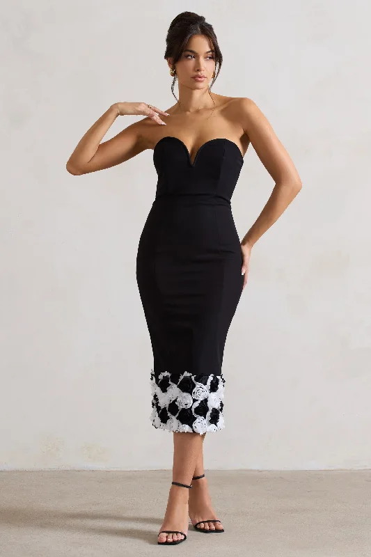 Fashionable clothing that fits every occasion Midi dress for a yoga class with a flexible and breathable fabricRamona | Black Bodycon Sweetheart Midi Dress With Floral Trim Fashionable clothing that fits every occasion Midi dress for a yoga class with a flexible and breathable fabricRamona | Black Bodycon Sweetheart Midi Dress With Floral Trim