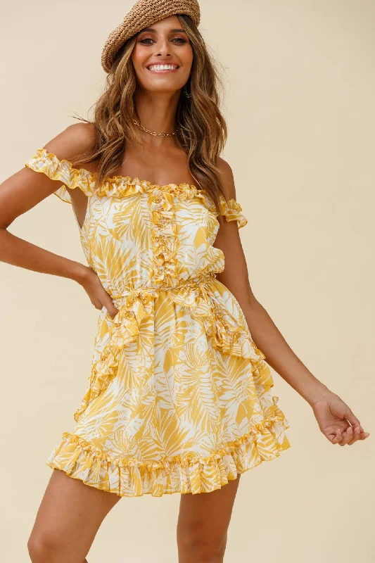 Sail Away Off-Shoulder Frill Accent Dress Tropical Print Yellow