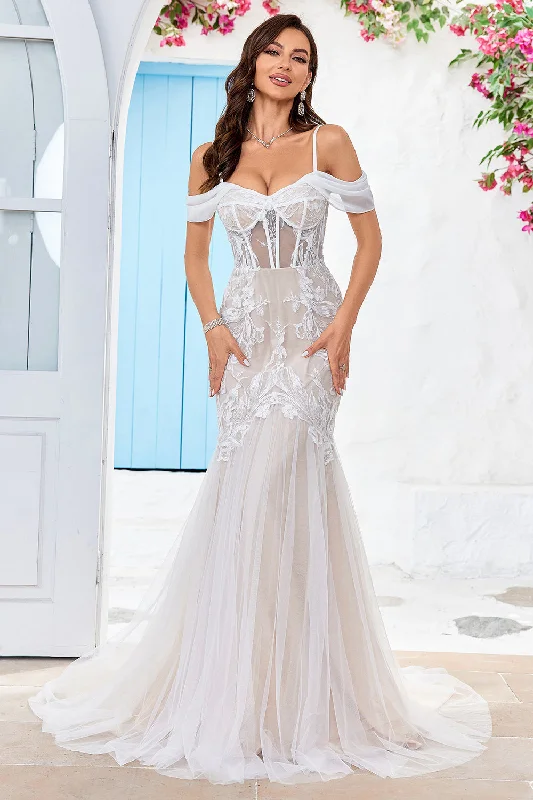 Stylish plus-size clothing for women   Satin - and - lace combination wedding dressCold Shoulder Tulle Corset Mermaid Wedding Dress with Appliques