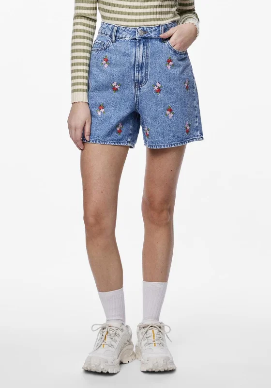 Pieces Sky Embroidery Denim Shorts, Light Blue