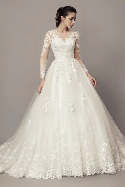 See-through Long Sleeves Ball Gown Wedding Dress Lace Tulle Cathedral Train