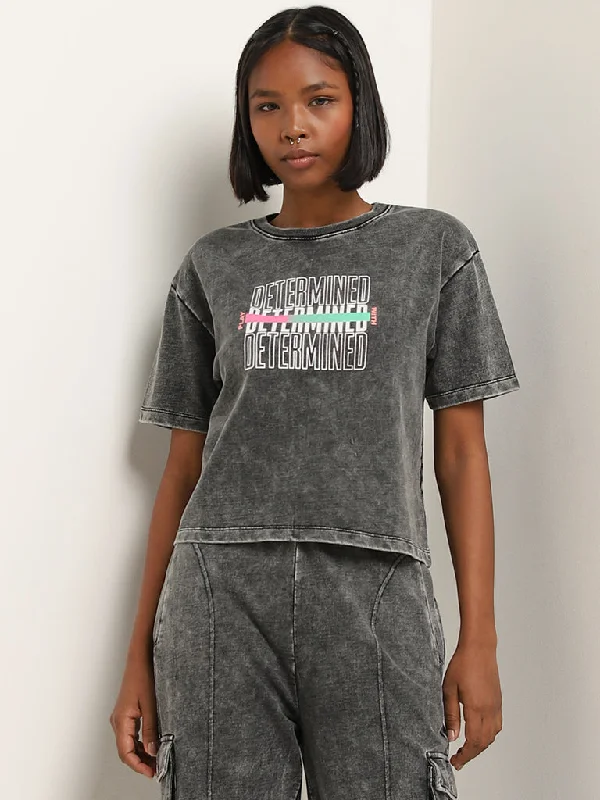Trendy women’s clothing that suits every taste   Studiofit Black Text Design Faded Cotton T-Shirt