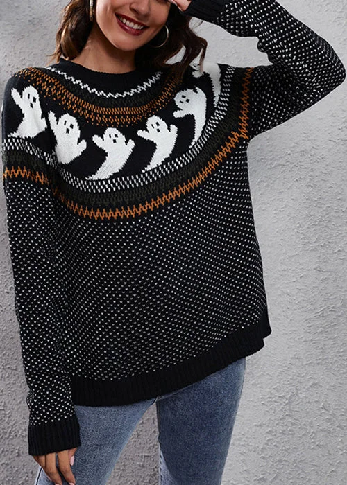 Black Ghost Cozy Patchwork Knit Sweaters O Neck Fall