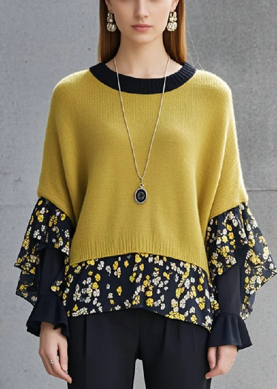 Bold fashion choices for the confident woman   Yellow Patchwork Knit Sweaters Print Butterfly Sleeve