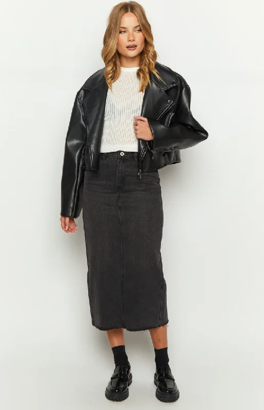 Isla Washed Black Denim Midi Skirt