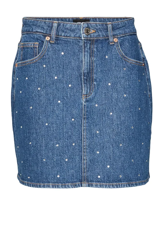 Vero Moda Tessa Rhinestone Mini Denim Skirt, Medium Blue Denim