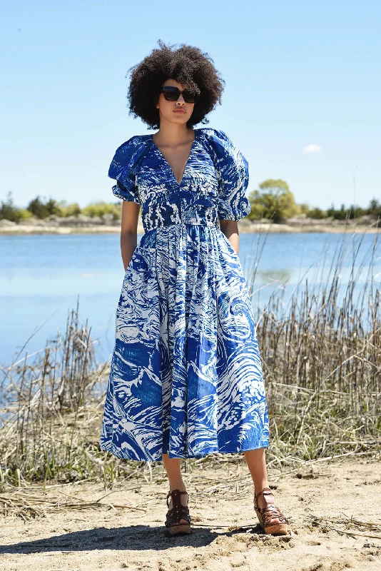 Comfortable yet stylish outfits for women on the go Blue Printmaking Taffeta Midi Dress Comfortable yet stylish outfits for women on the go Blue Printmaking Taffeta Midi Dress