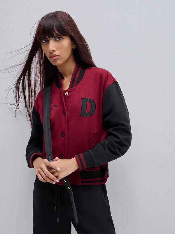 Studiofit Maroon Colour-Blocked Varsity Jacket