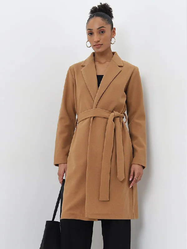 Wardrobe Tan Solid Long Coat with Belt