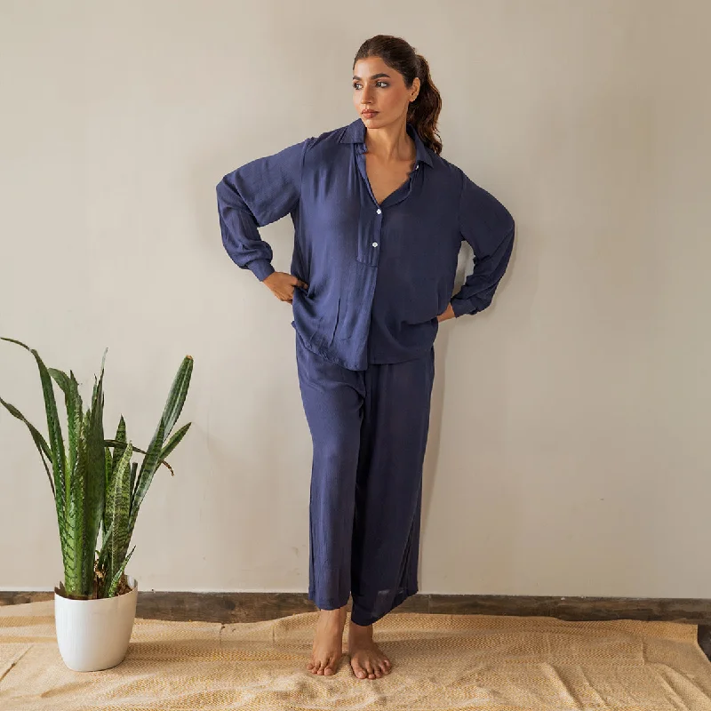 Luxurious fabrics and modern designs for women   Cotton Crepe Co-Ord Set for Women | Shirt Collar | Navy