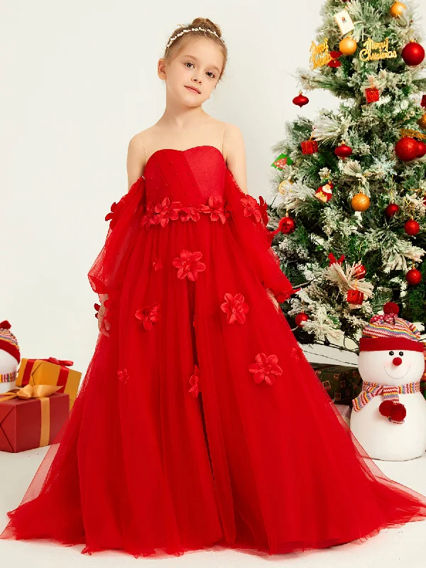 Illusion Long sleeves Floral Applique Flower Girl Dress Red